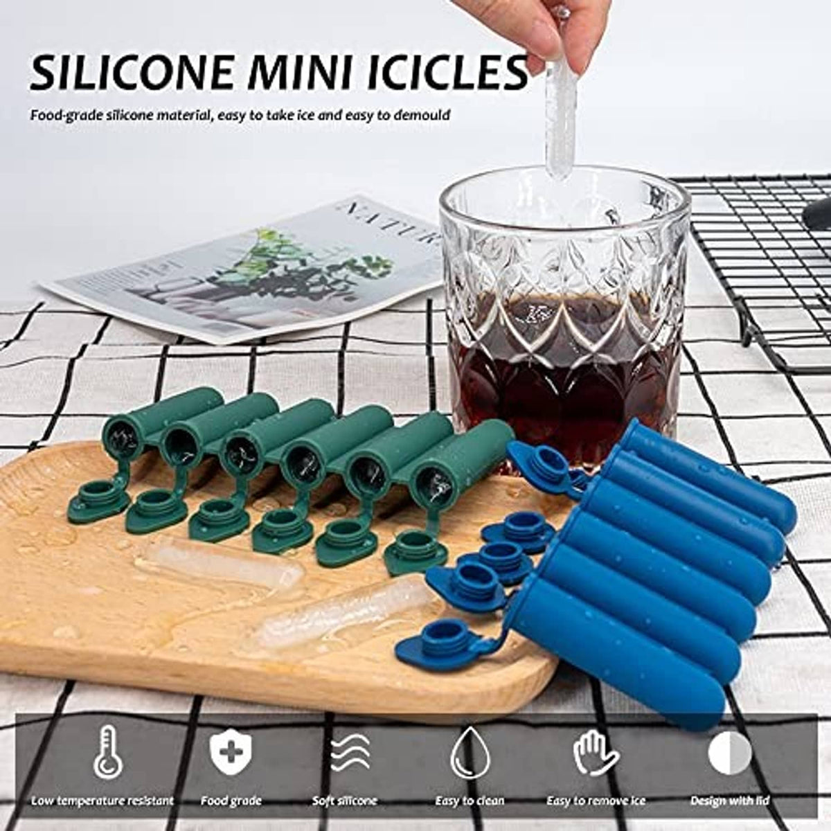 Silicone mini ice stick tray with lid, blue and green tube molds on board