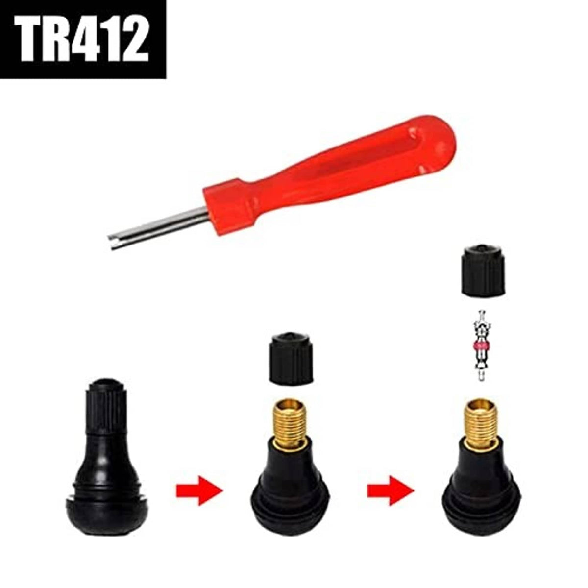 Valve stem installer tool with red handle, plus black rubber caps and gold-thread tips