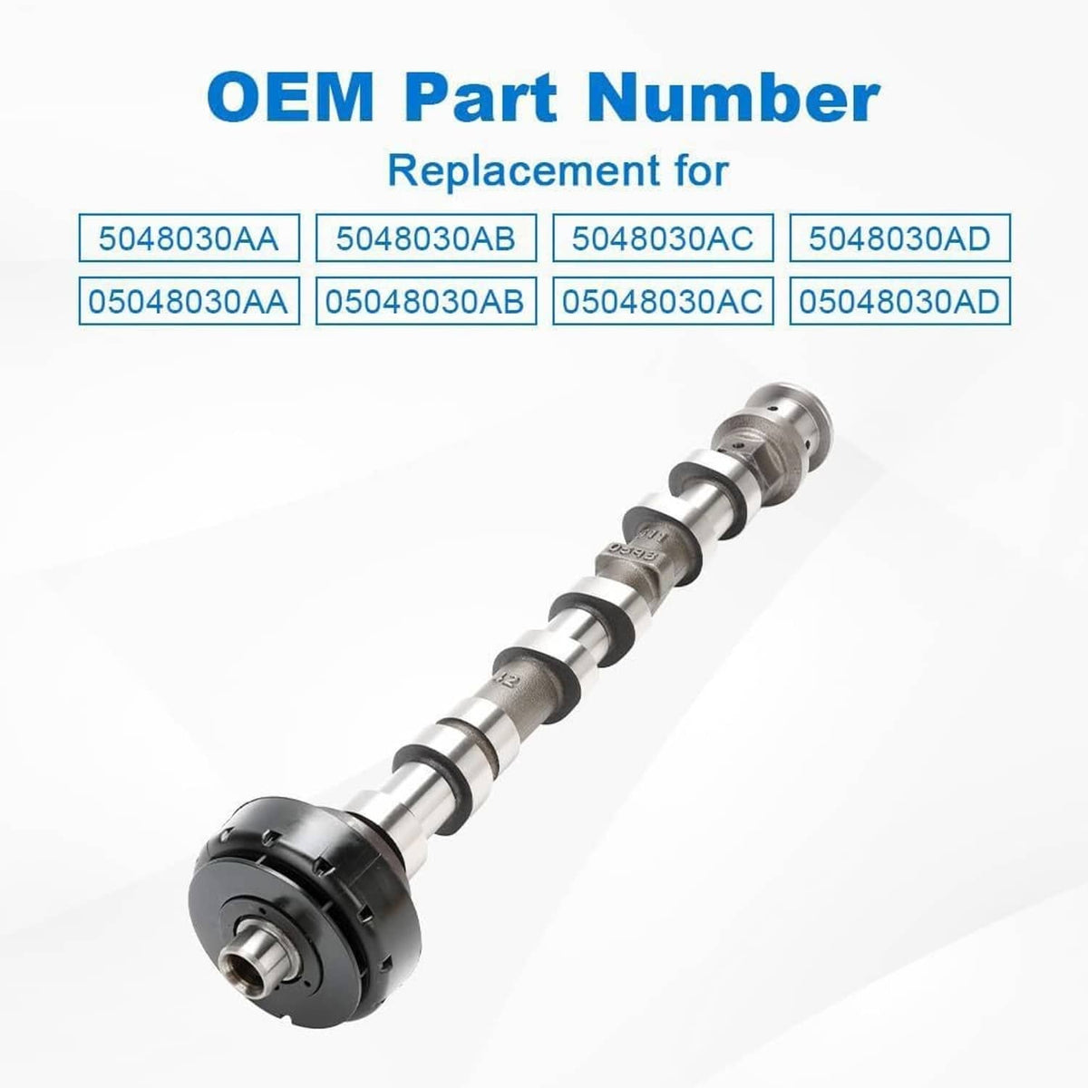 Right side exhaust camshaft, silver cam lobes with black front flange housing