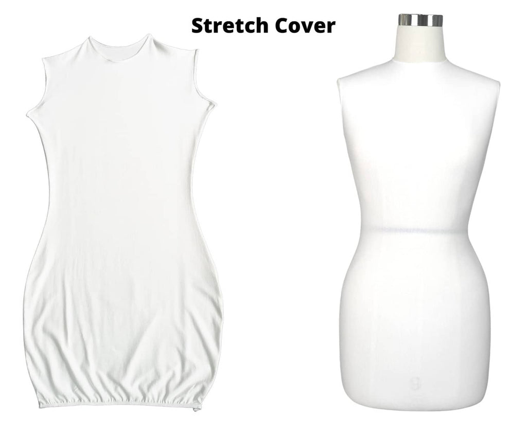 White stretch cover for dress form padding system, fitted over a mannequin form