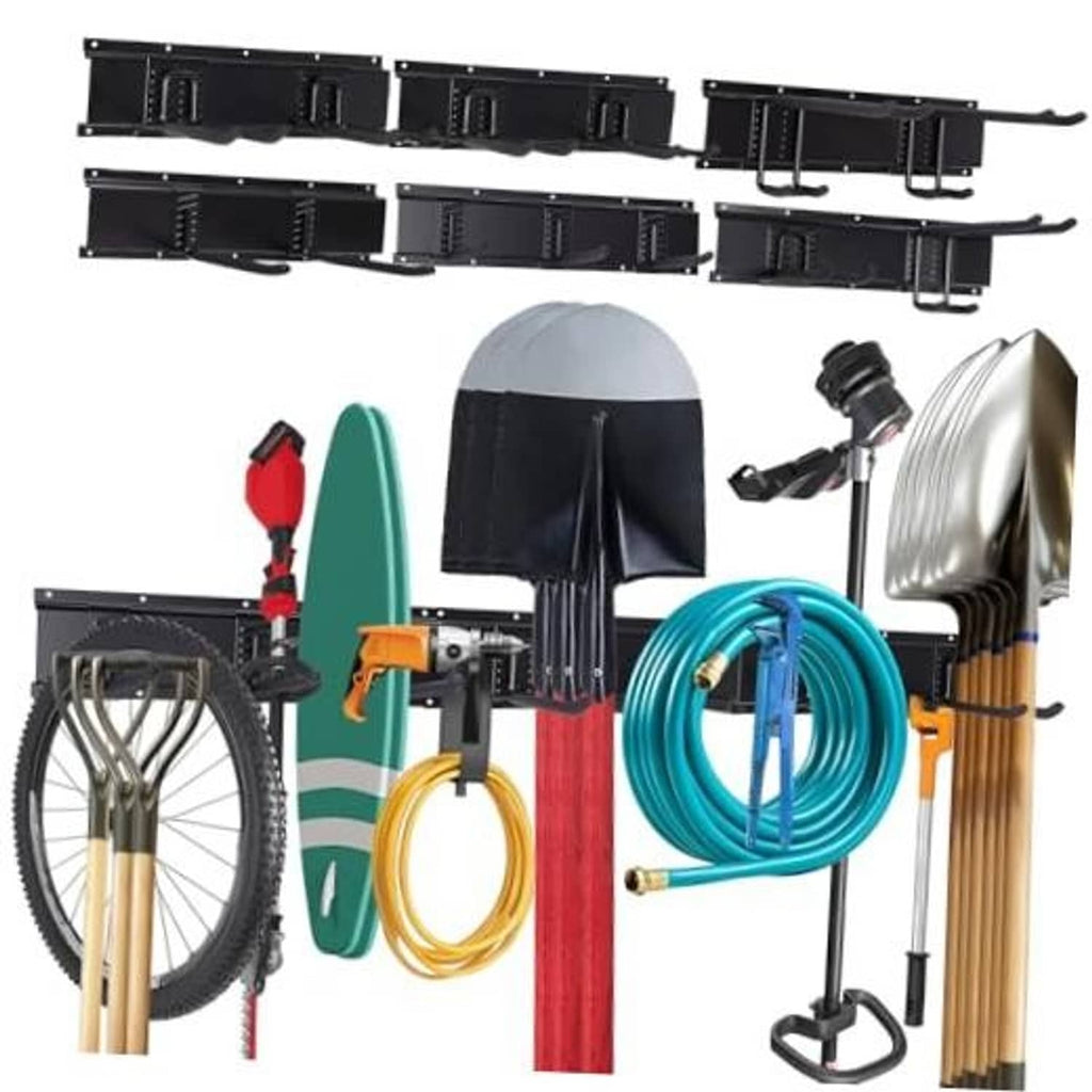 Black wall-mount tool organizer rack with multiple curved hooks and tool holders