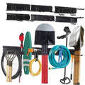 Black wall-mount tool organizer rack with multiple curved hooks and tool holders