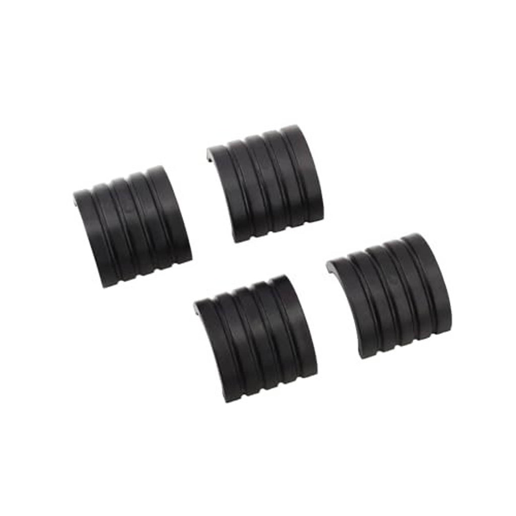 Black motorcycle peg mount spacers, four-piece set with ridged exterior and hollow center