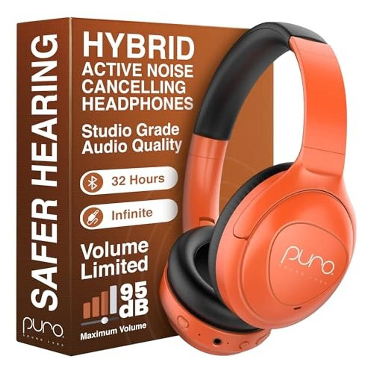 Orange over-ear hybrid active noise-canceling headphones with black headband