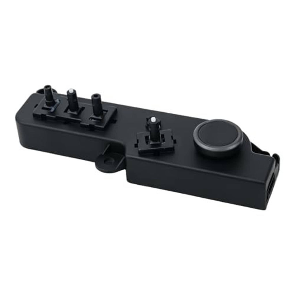 Power seat switch control module, black base with switch posts and a round push button.