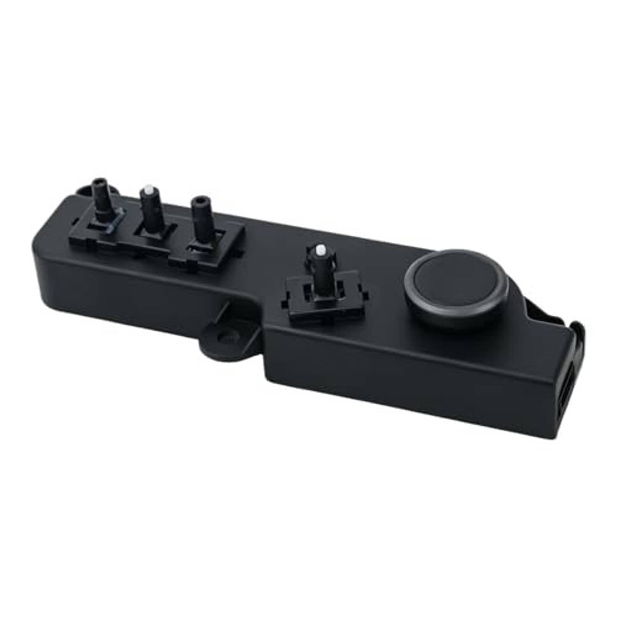 Power seat switch control module, black base with switch posts and a round push button.