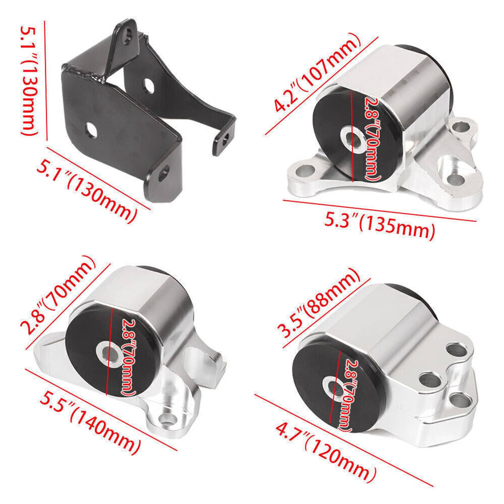 Metal engine swap motor mount bracket with black rubber bushing, 3-bolt style