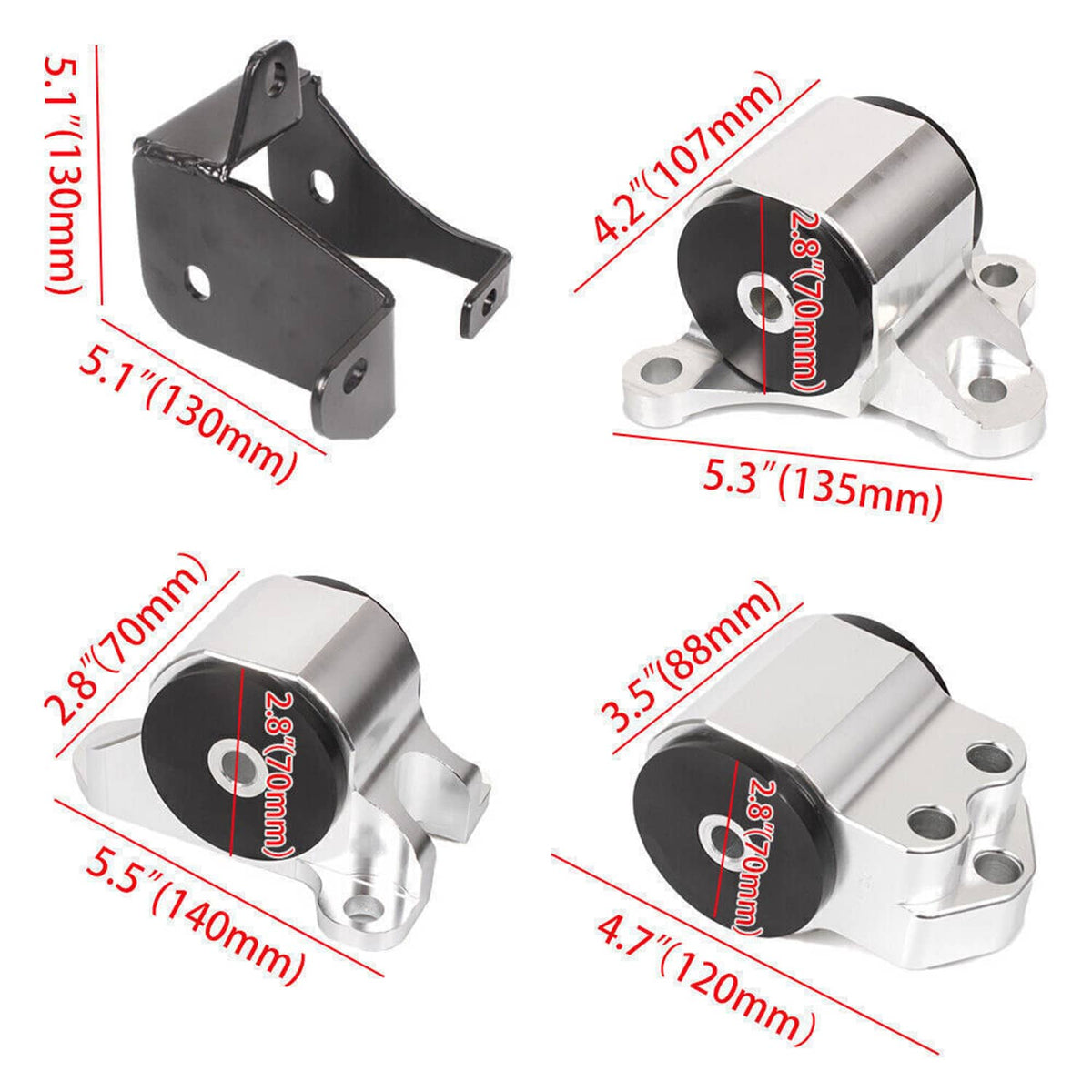 Metal engine swap motor mount bracket with black rubber bushing, 3-bolt style