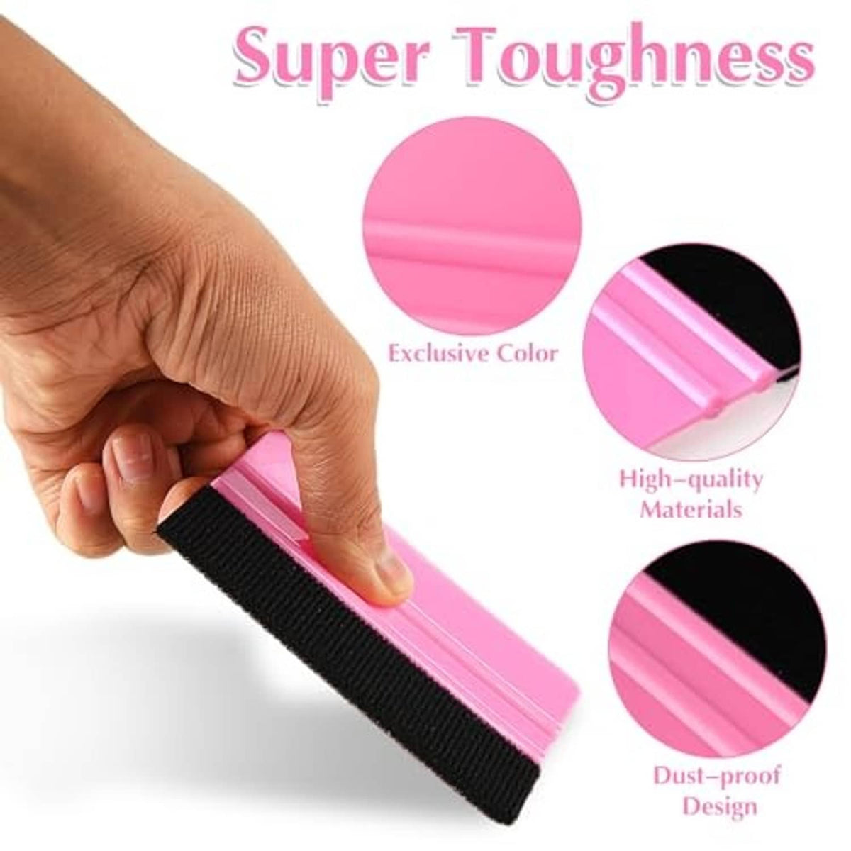 Pink felt squeegee tool with black grip band, held in a hand