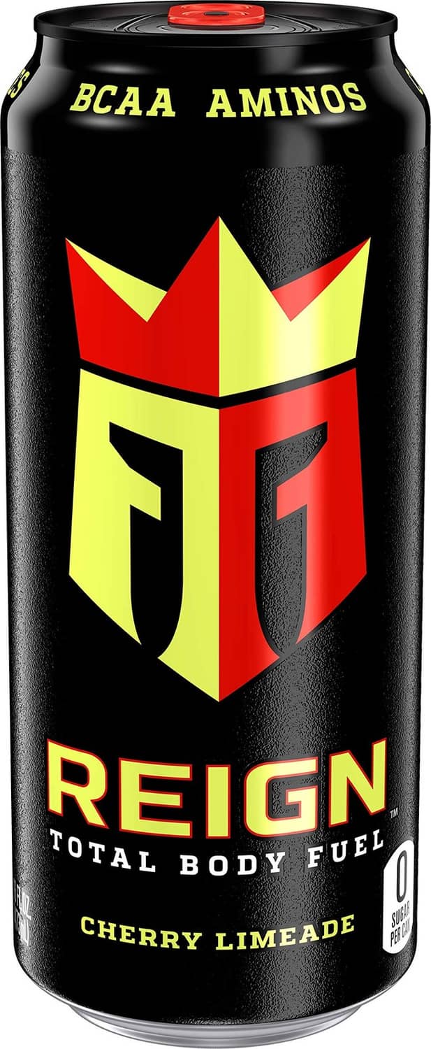 Reign Total Body Fuel cherry limeade drink can, black with BCAA yellow and red logo