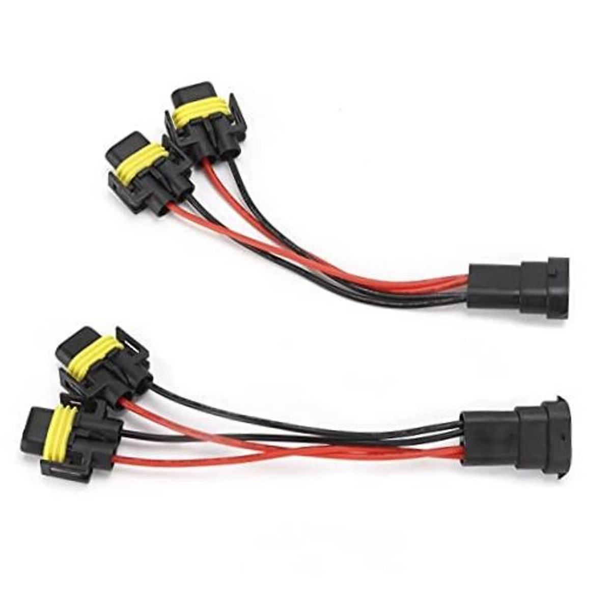 2-way H11/H8 wiring splitter connector set with four black connectors and red/black insulated leads