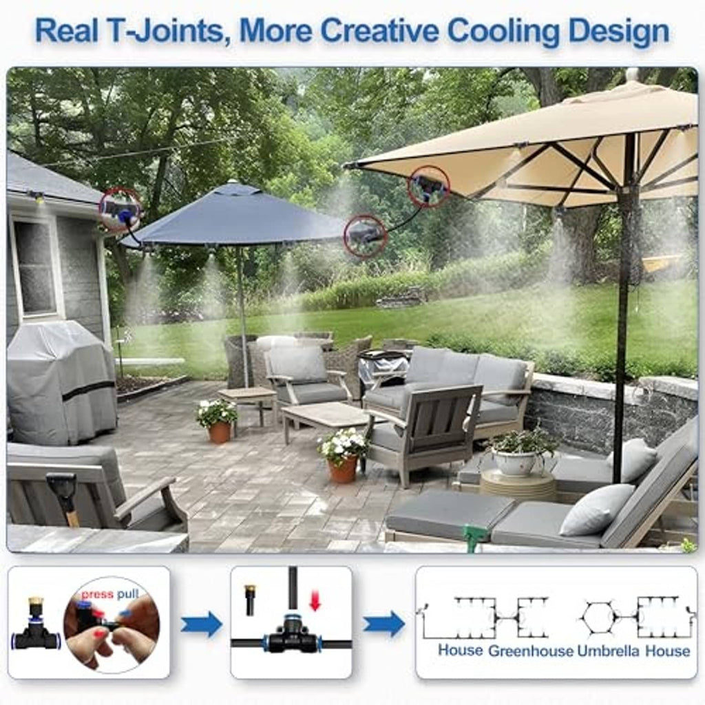 Patio water misting system spraying cooling mist over outdoor seating area