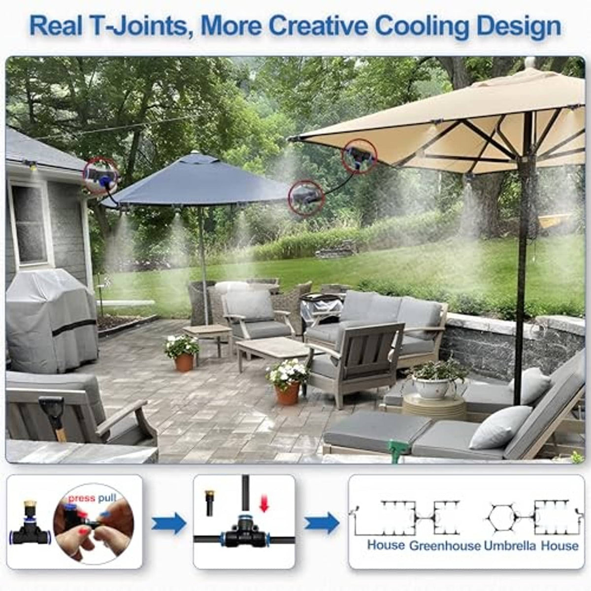 Patio water misting system spraying cooling mist over outdoor seating area
