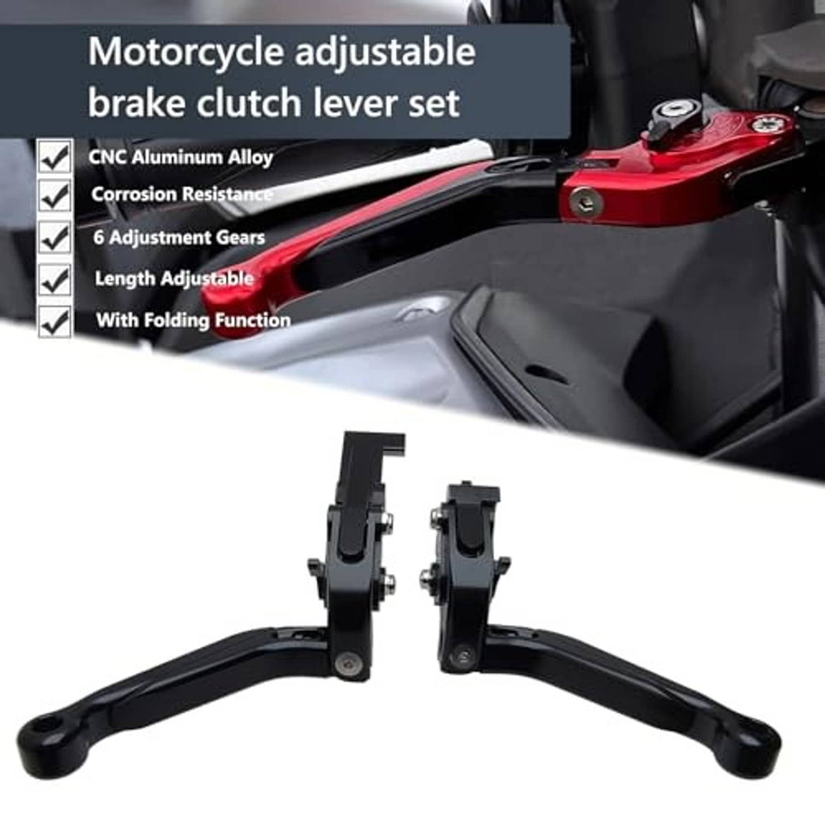 Black adjustable brake and clutch lever set with folding function and clamp hardware