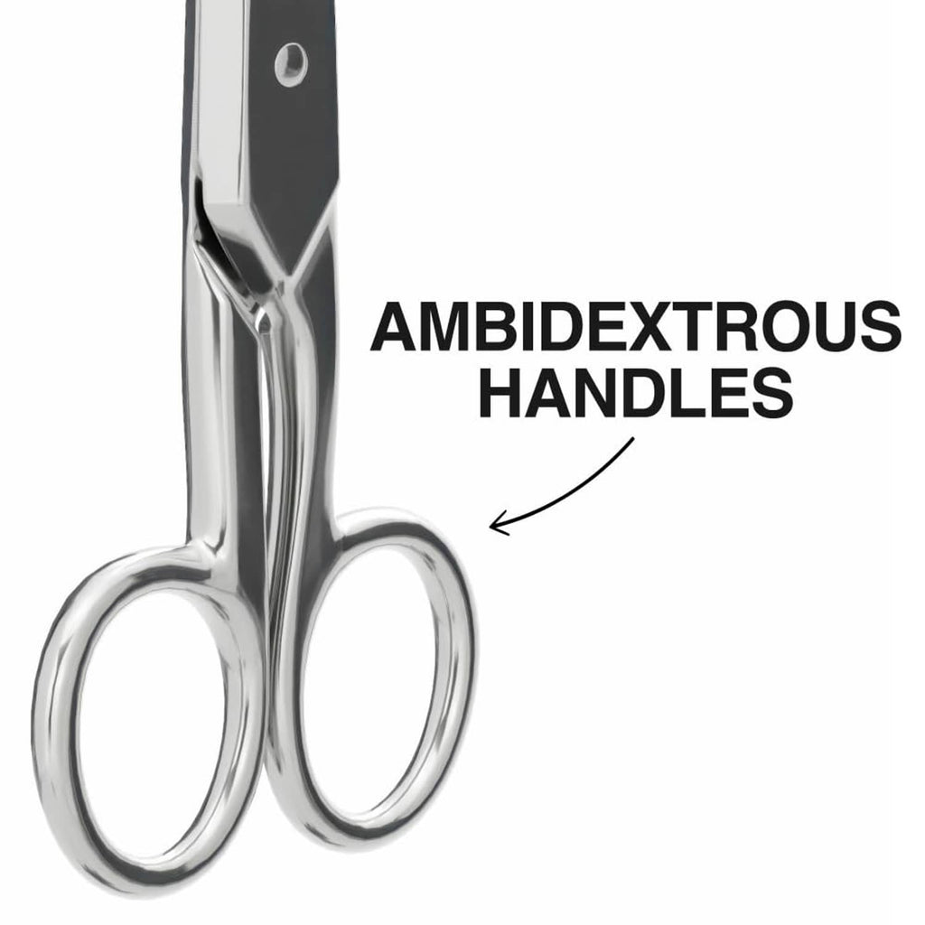 Ambidextrous nickel scissors with two finger loops and centered pivot screw
