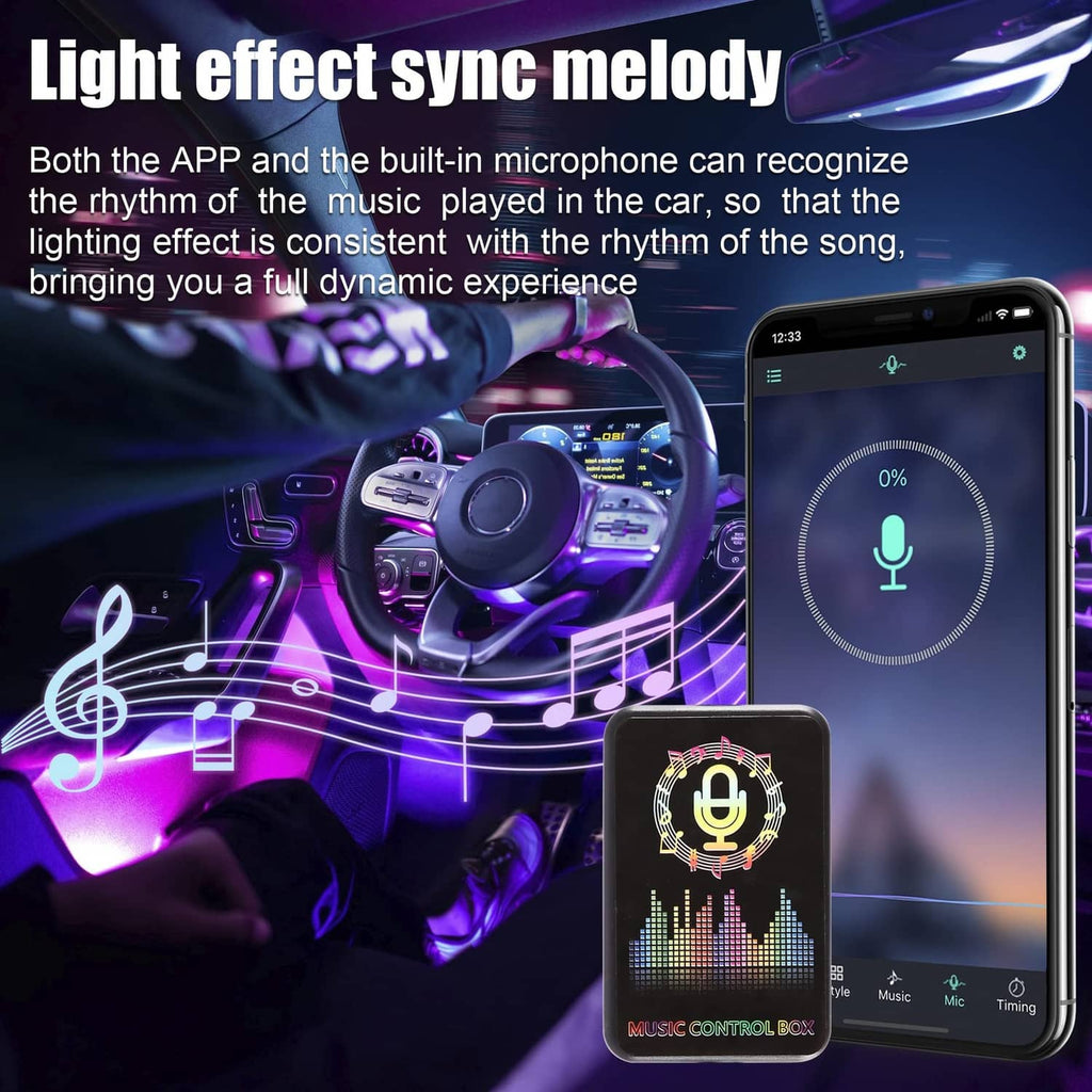 RGB LED interior light kit with app and microphone, music-synced colorful lighting