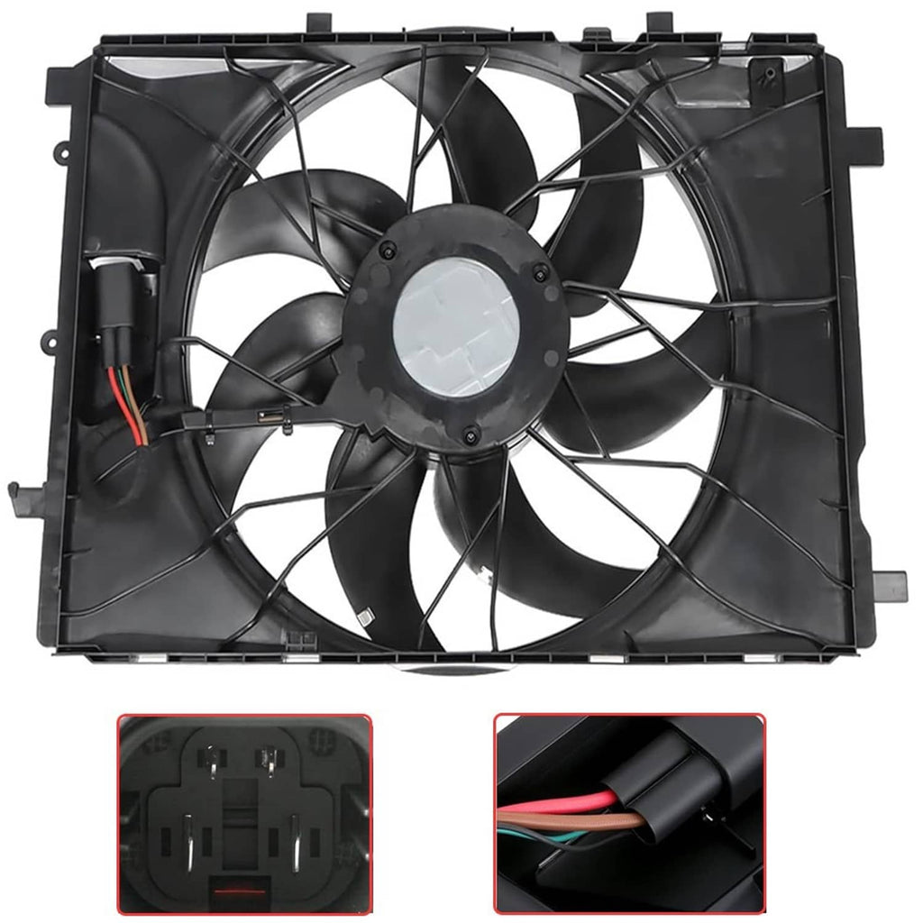 Radiator cooling fan unit with black shroud and central fan motor hub.