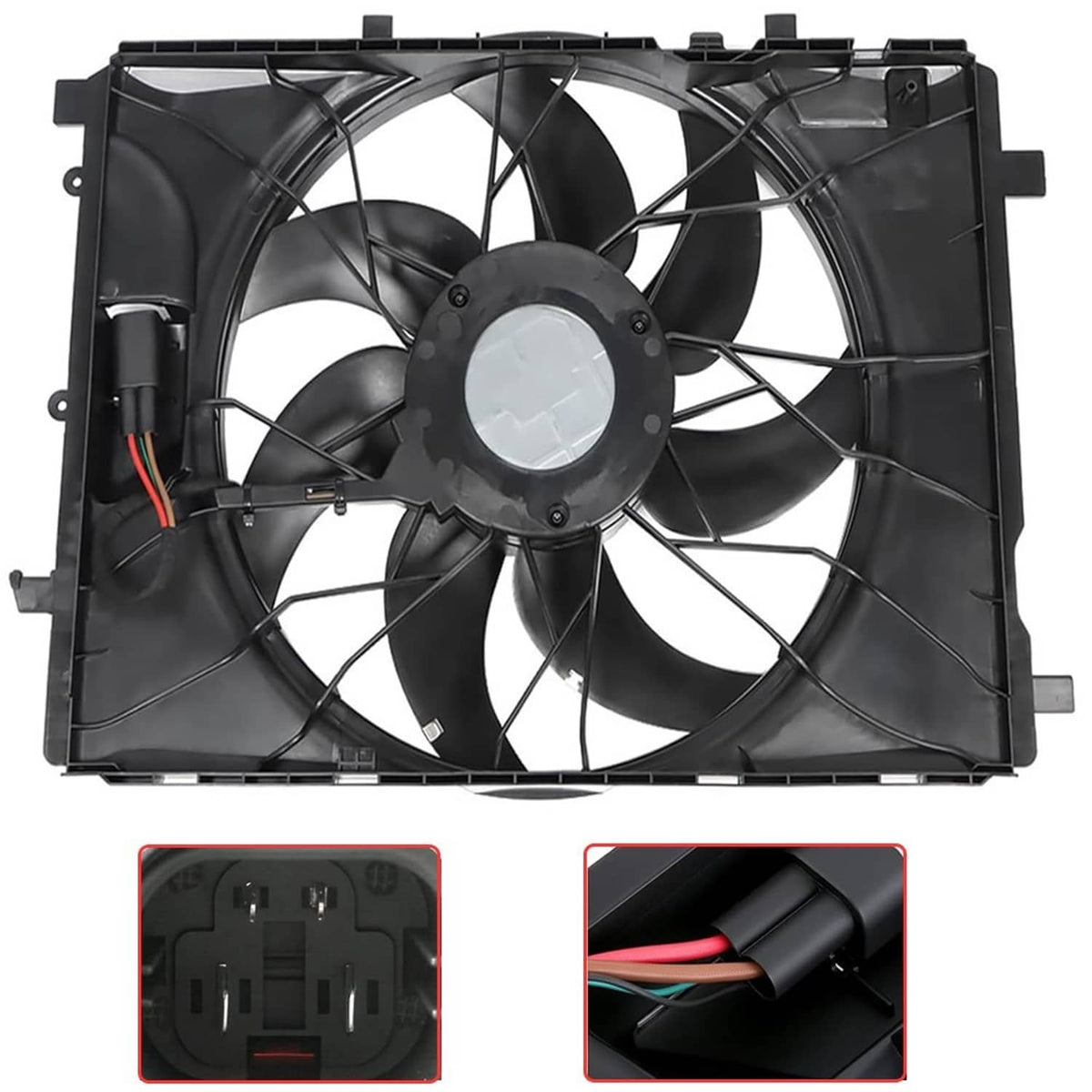 Radiator cooling fan unit with black shroud and central fan motor hub.