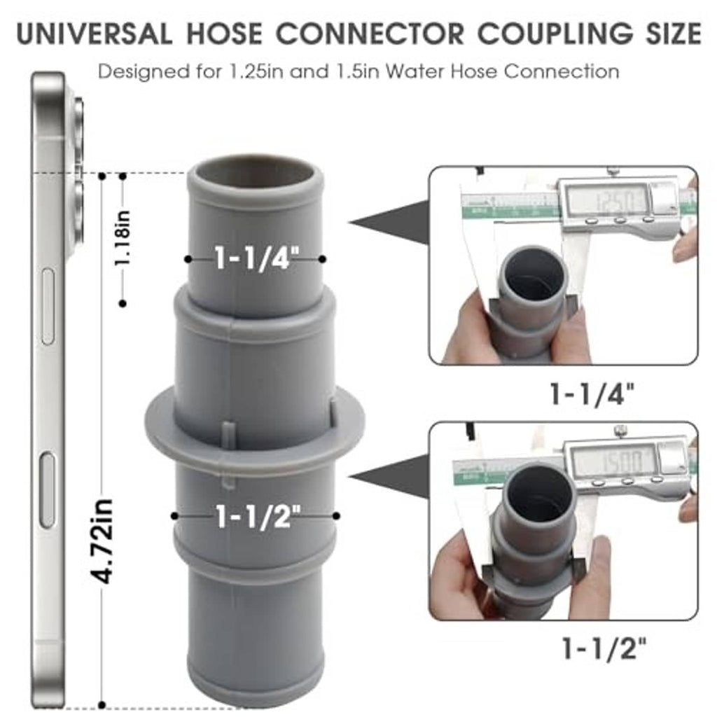 Grey plastic hose coupling with two stacked connector ports for 1-1/4 and 1-1/2 hoses