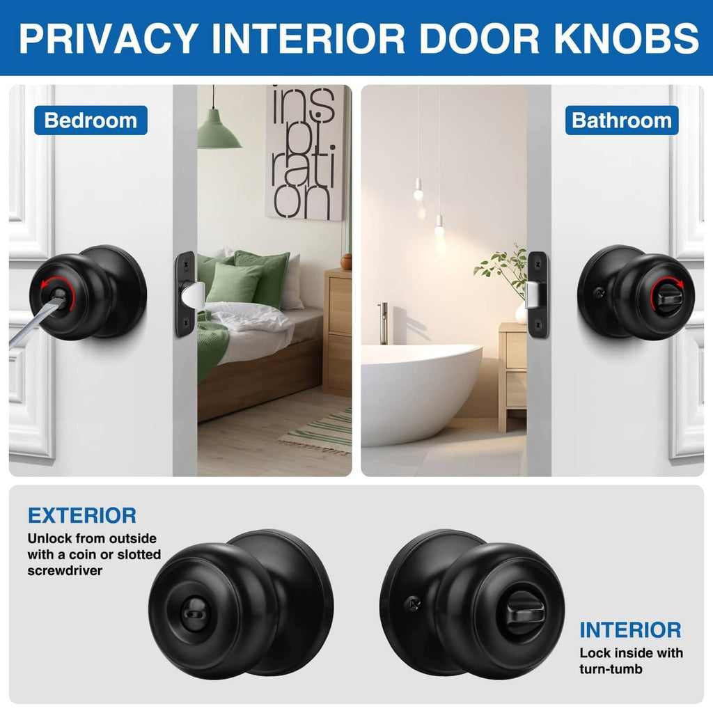 Privacy door knob pair in matte black, round knobs with thumb-turns