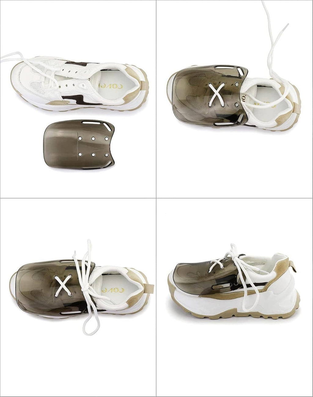 Metatarsal guard plates shown on a sneaker, front and side views