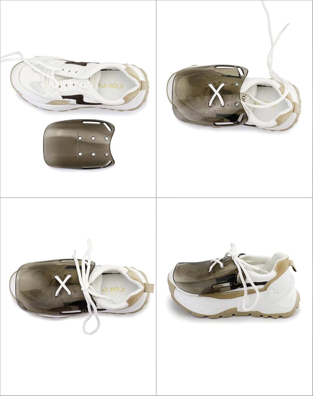 Metatarsal guard plates shown on a sneaker, front and side views