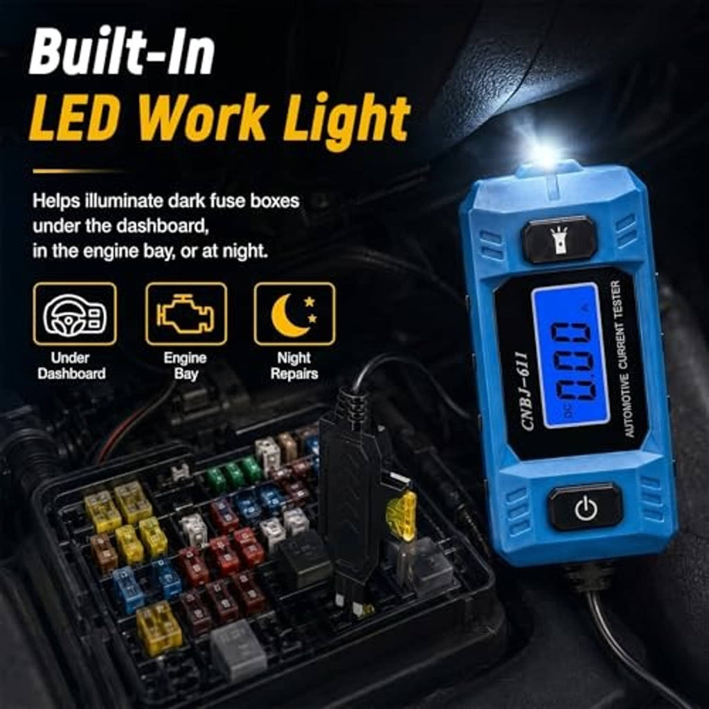 Blue automotive fuse current tester with built-in LED work light and LCD screen