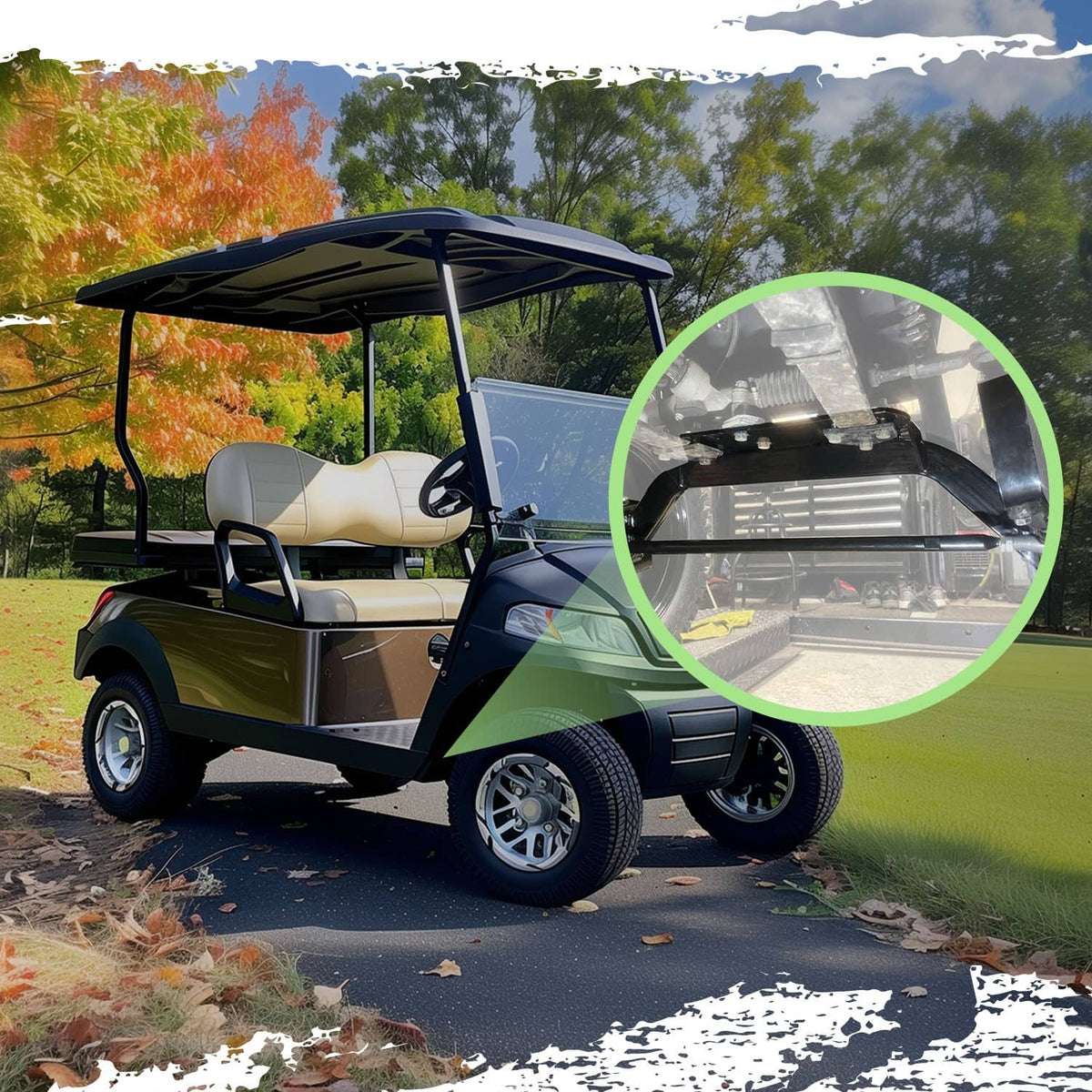 Lifted golf cart showing axle lift kit undercarriage area