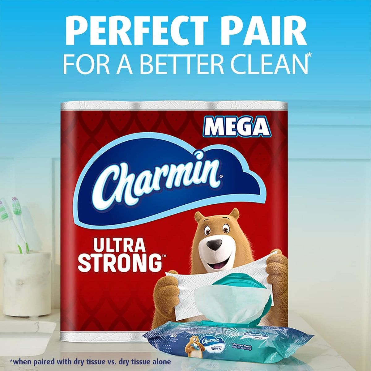 Charmin Ultra Strong wipes mega pack with bear image and teal wipe packet