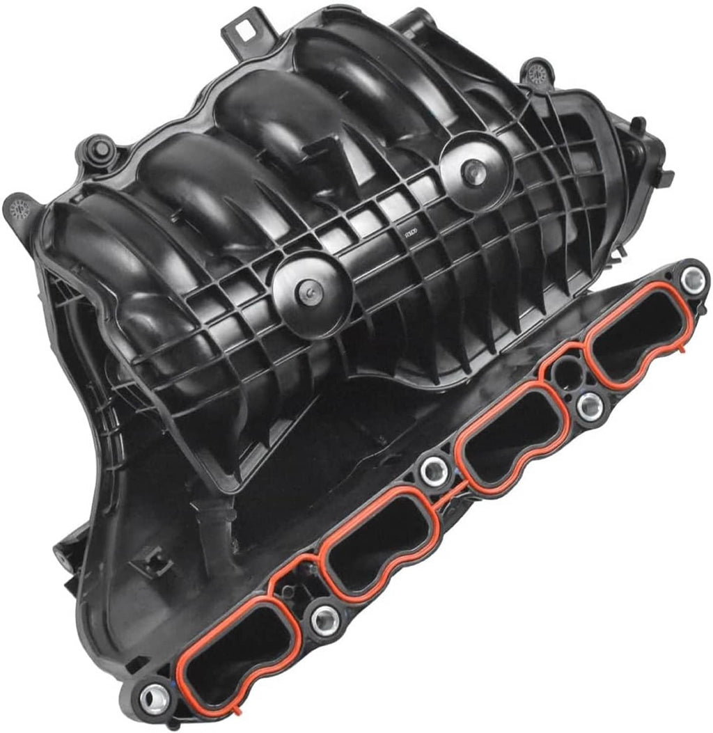 Black intake manifold with orange-red gasket and mounting ports