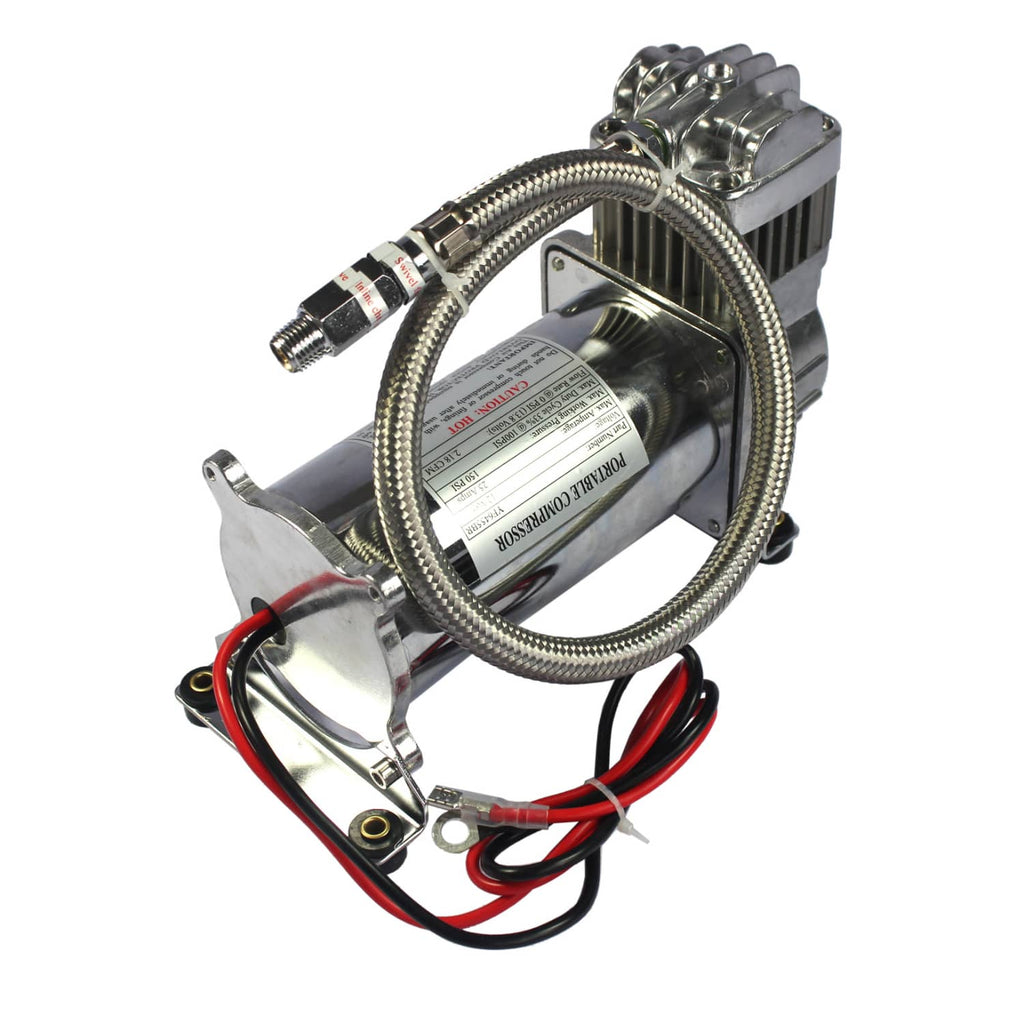 Compact air compressor assembly with braided hoses, wiring, and mounting brackets