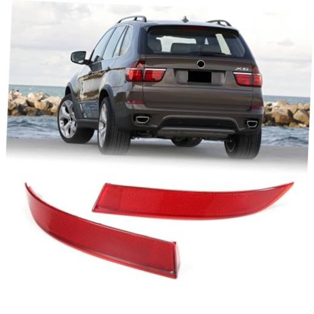 Red rear bumper reflector trim set, left and right pieces for vehicle rear.