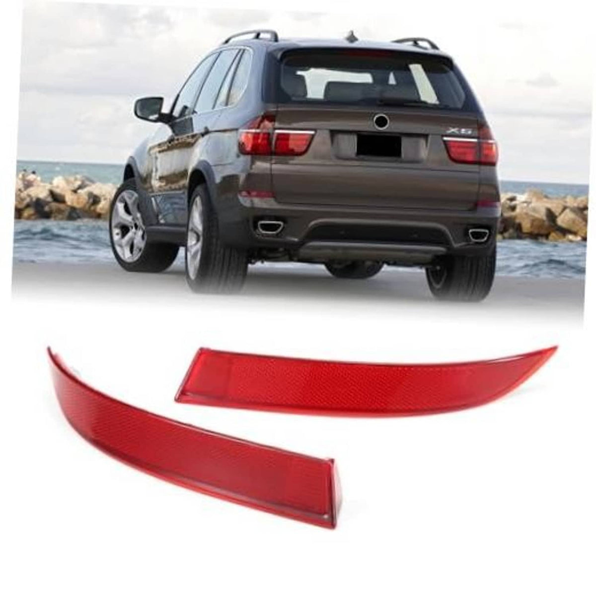 Red rear bumper reflector trim set, left and right pieces for vehicle rear.