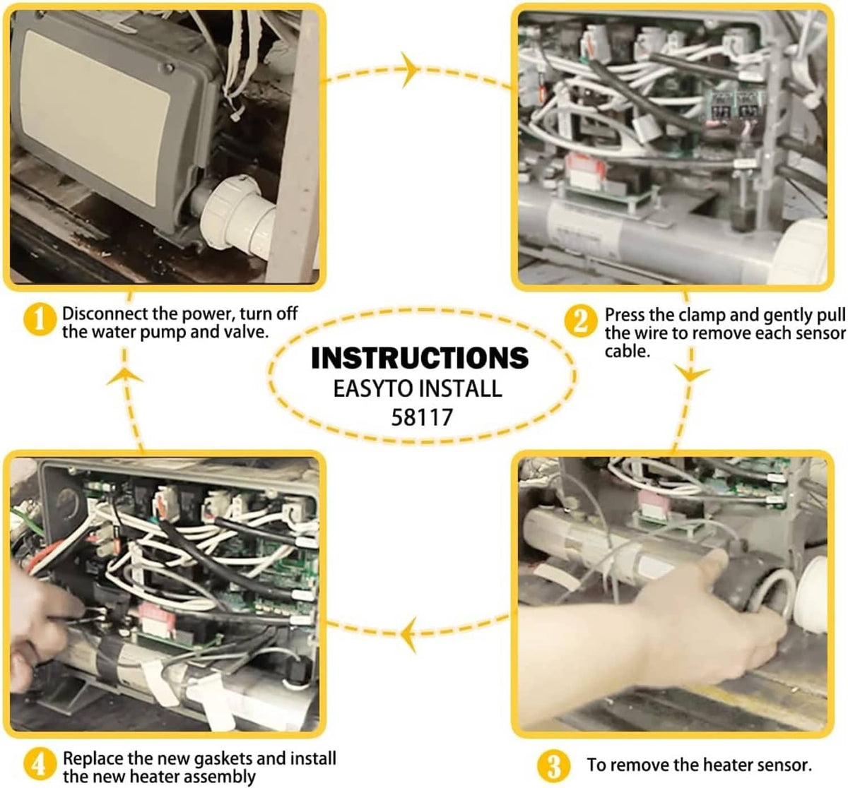 Spa heater assembly replacement shown with electrical connections and sensors