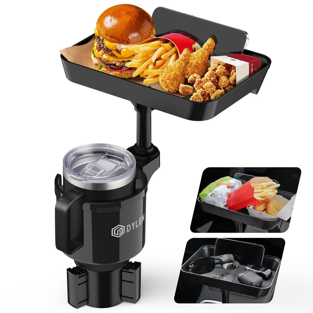 Black car cup holder tray with expandable base and expander adapter