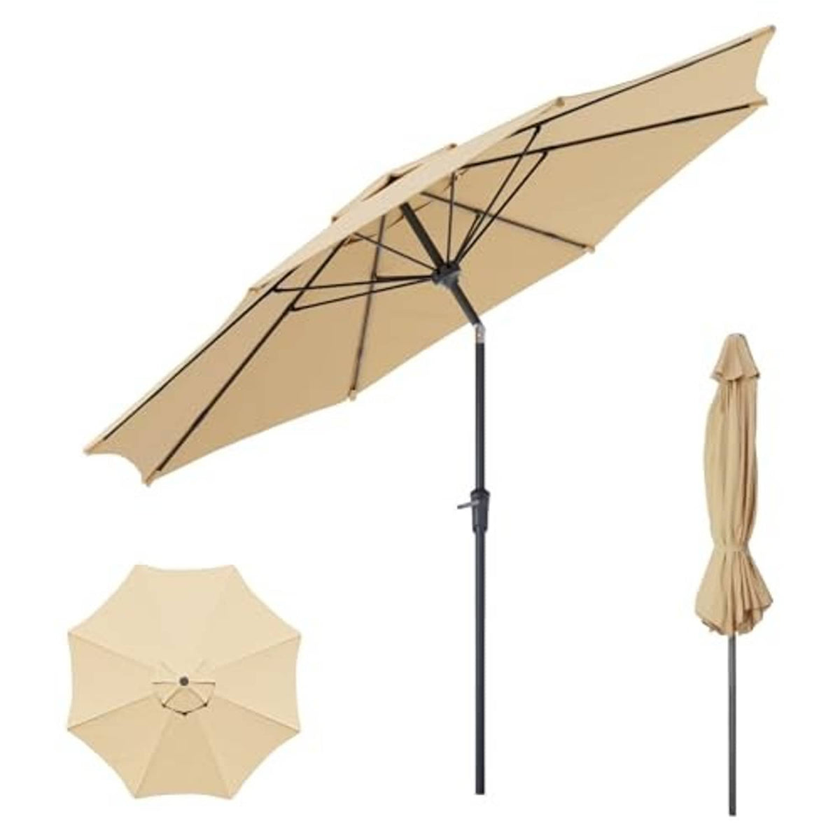 Beige patio umbrella with black pole and open canopy; folded canopy view shown