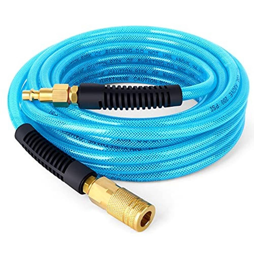 Rolled blue PU hose with brass quick-connect fittings and black ribbed section