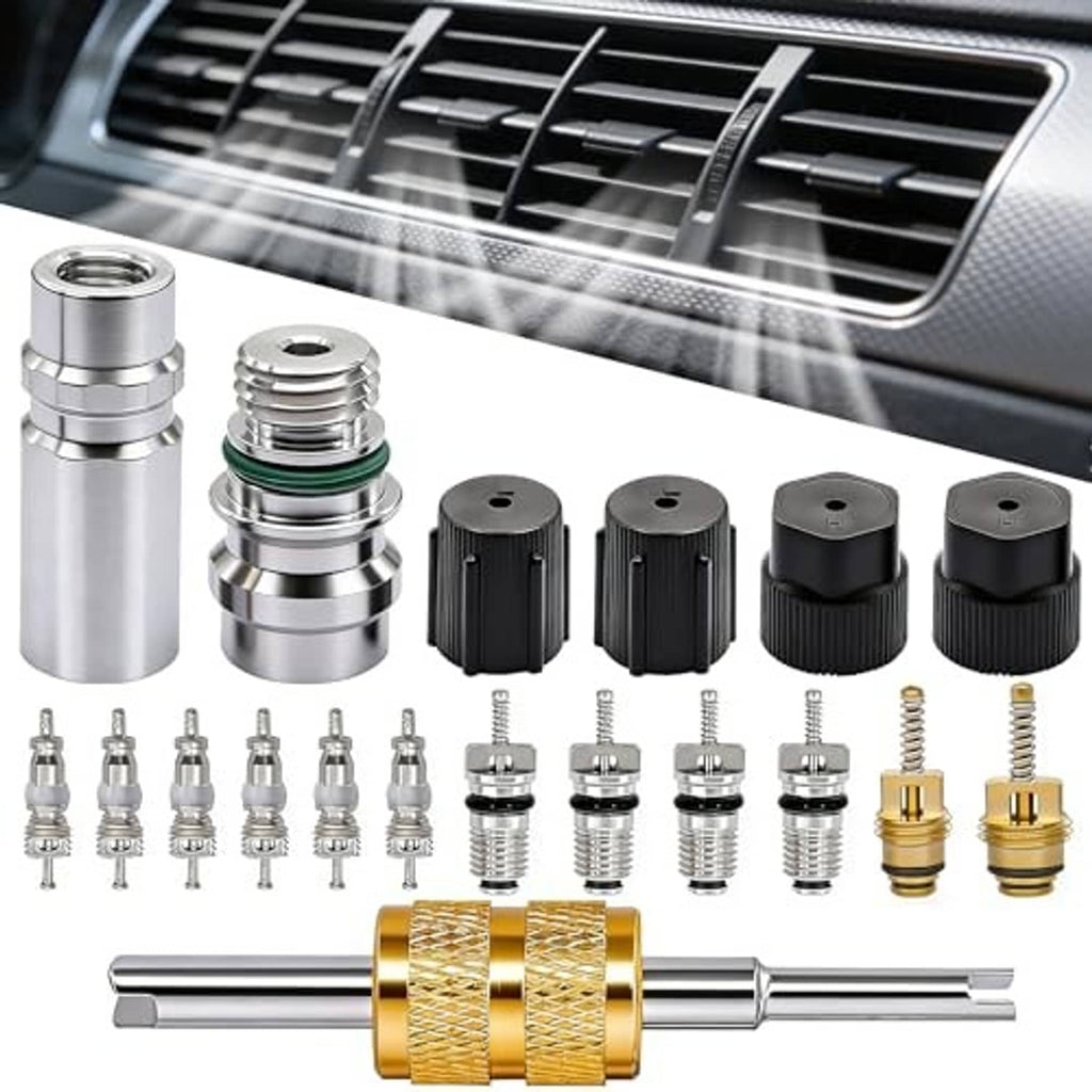 Car air conditioning valve core kit set with valve cores, black caps, and brass adapters