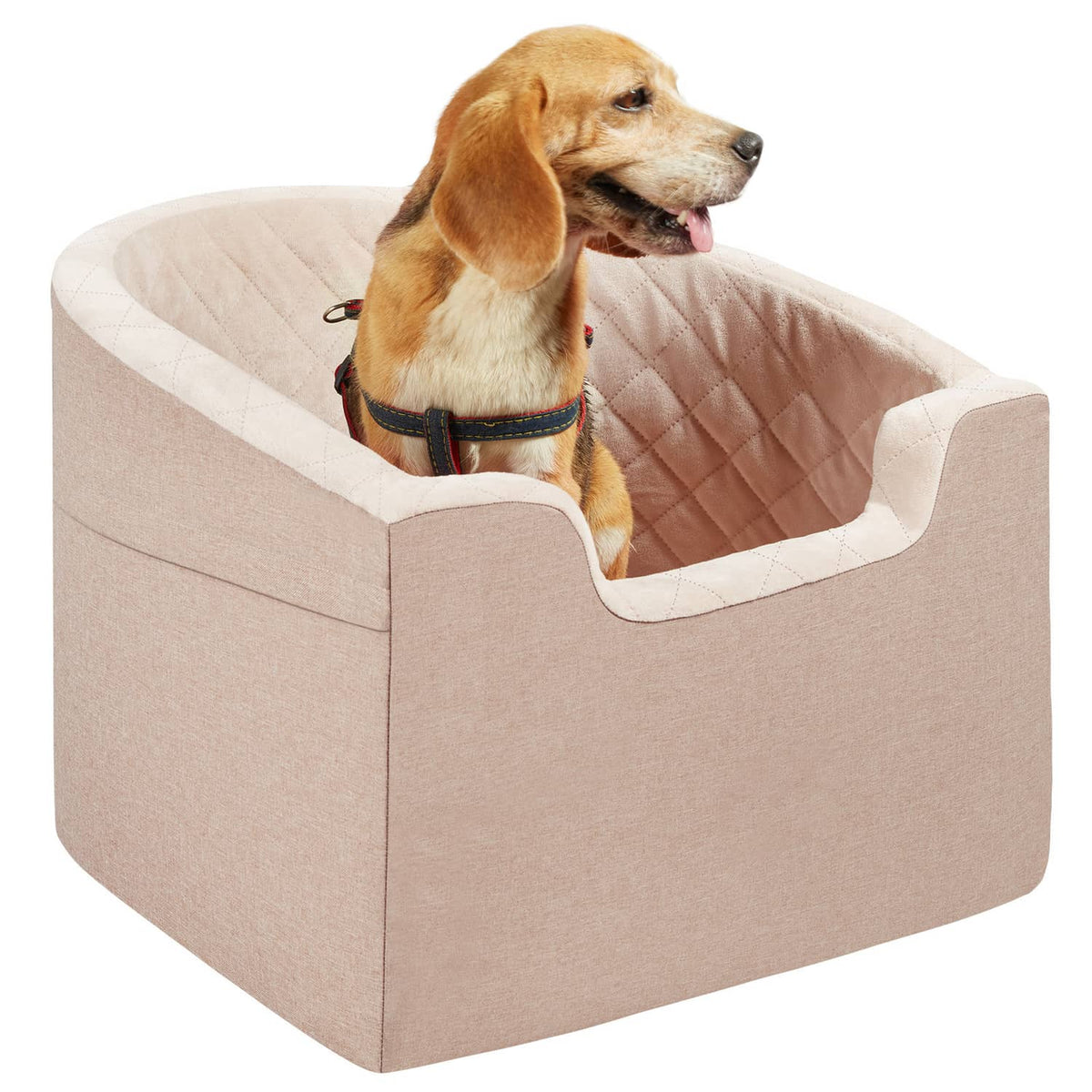 Brown pet booster car seat with quilted inner liner and cushioned sidewalls