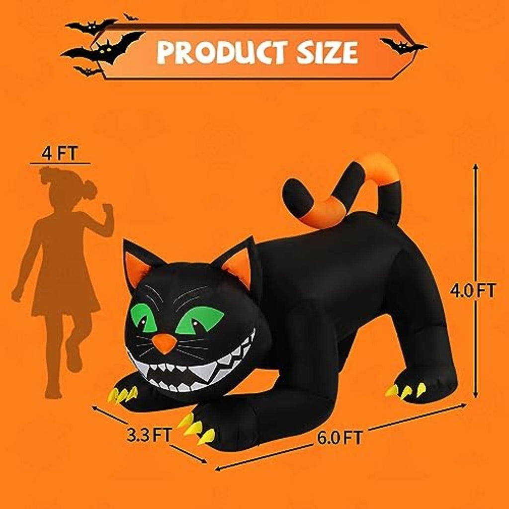 Inflatable black cat yard decoration with orange ears and glowing green eyes
