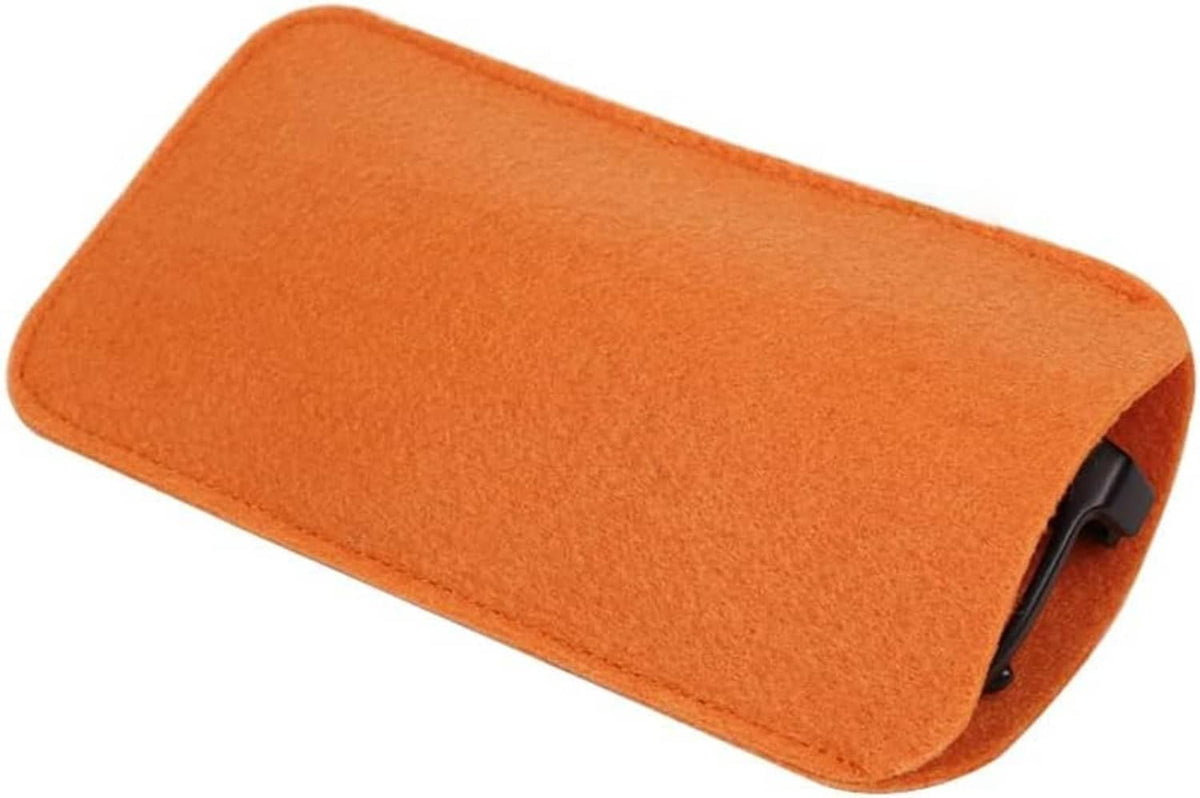 Orange felt eyeglass slip-in pouch with stitched edges and rounded corners
