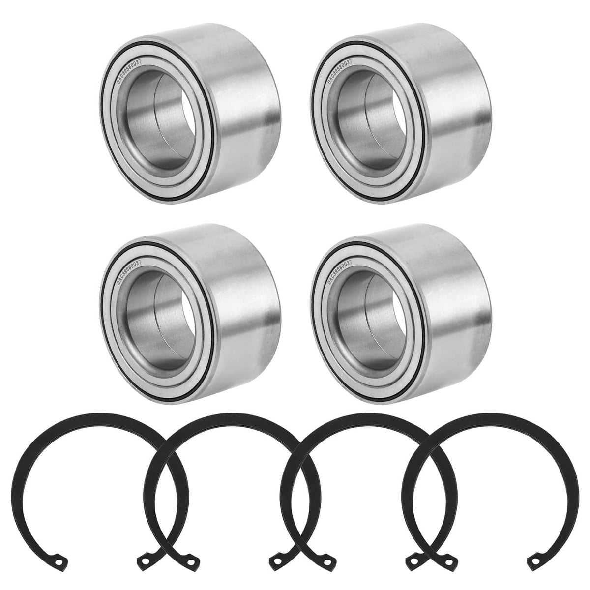 Wheel bearing set with four steel housings and four black retaining clips