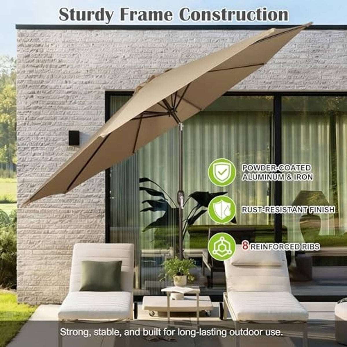 Market tan outdoor patio umbrella with open canopy and sturdy frame