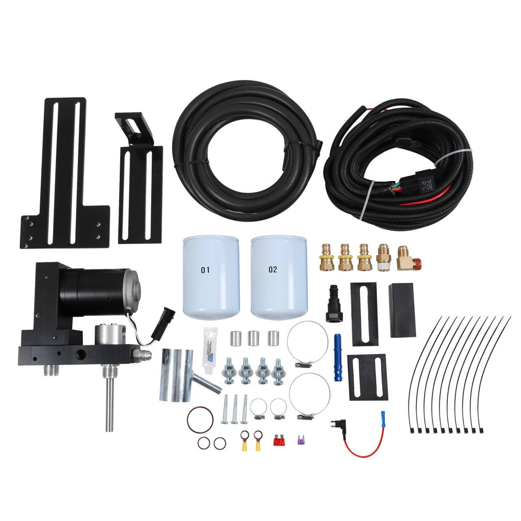 Diesel fuel lift pump system parts kit with hoses, fittings, wiring harness, and mounting brackets