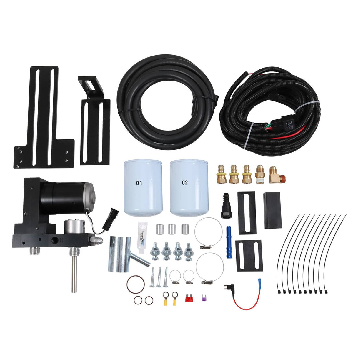Diesel fuel lift pump system parts kit with hoses, fittings, wiring harness, and mounting brackets