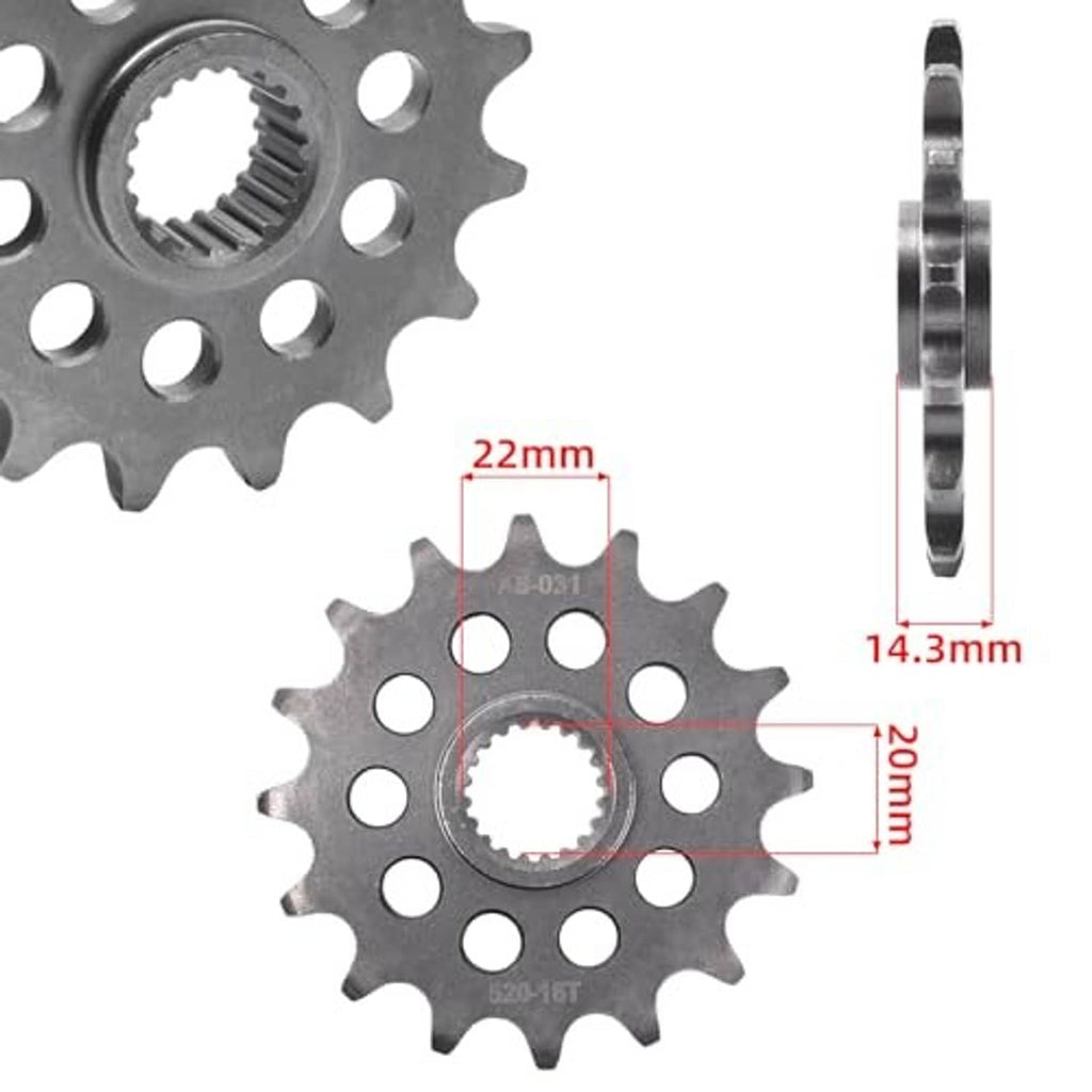 Front sprocket with measurements shown: 22mm width, 14.3mm hub, dark metal.