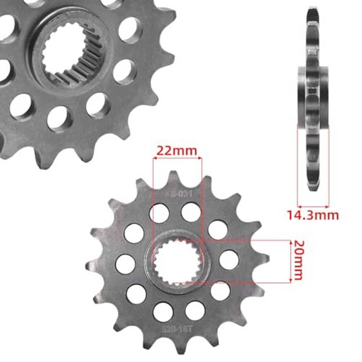 Front sprocket with measurements shown: 22mm width, 14.3mm hub, dark metal.