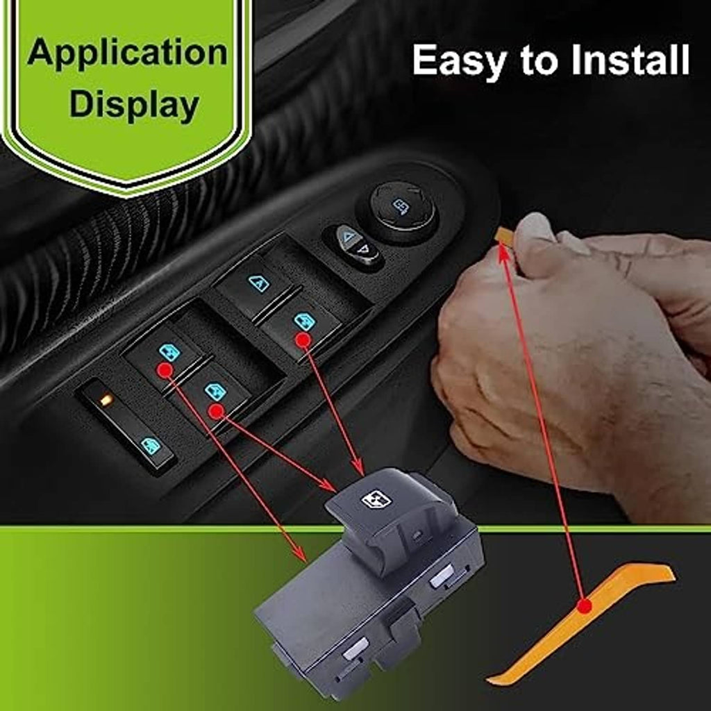 Power window switch control button with wiring, shown being installed in a car.