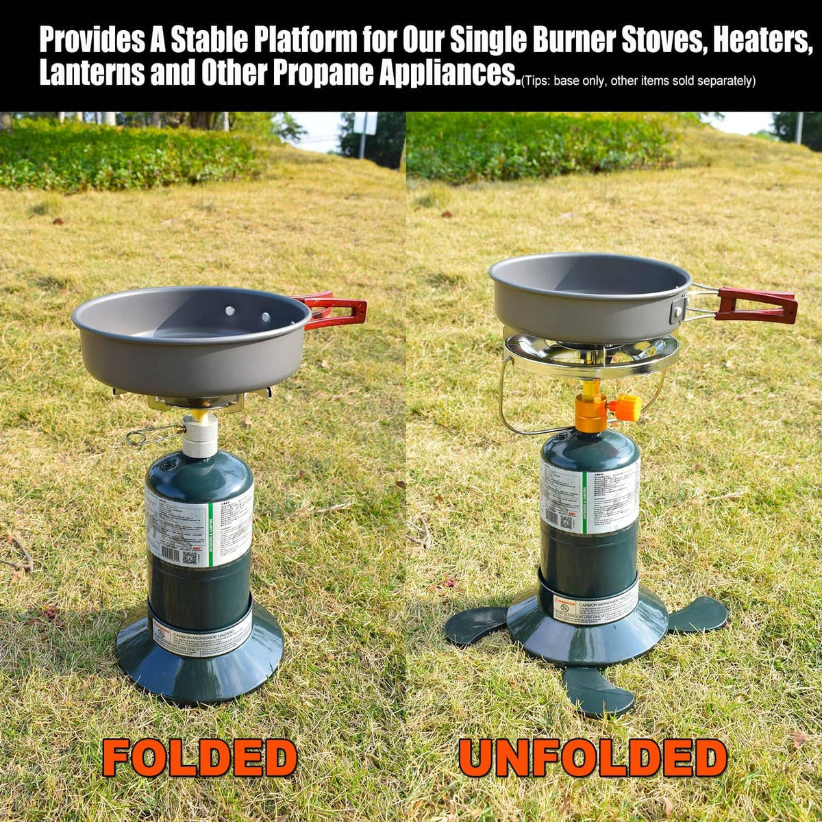 Outdoor propane cylinder base stand with folded vs unfolded feet holding a 1 lb tank