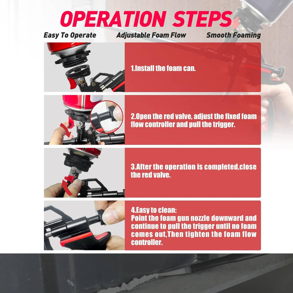 Expanding foam spray gun with red valve control and nozzle, hands operating the trigger